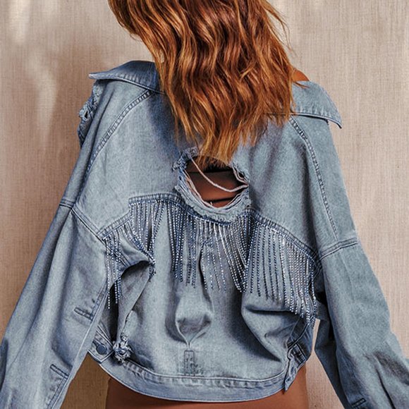 Sky Blue Rhinestone Fringe Denim Jacket - Picture 3 of 15
